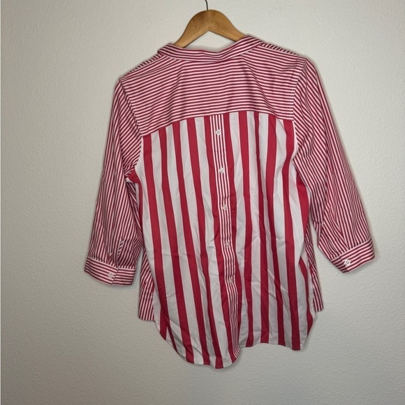 Chicos Pink and White No Iron Stretch Striped Button Back Tunic Collared - Picture 5 of 6